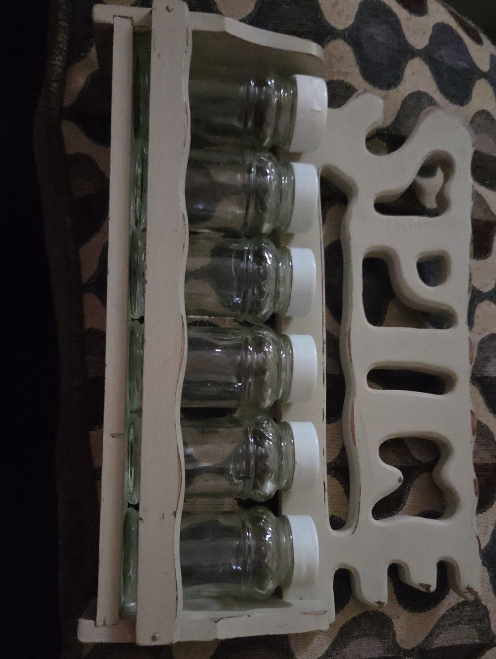 Rustic  Wood Spice Rack with 6 Glass Jars Vintage